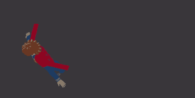 a cartoon character is flying through the air with a red jacket on