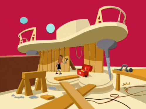 a cartoon of a man holding a hammer in front of a house under construction