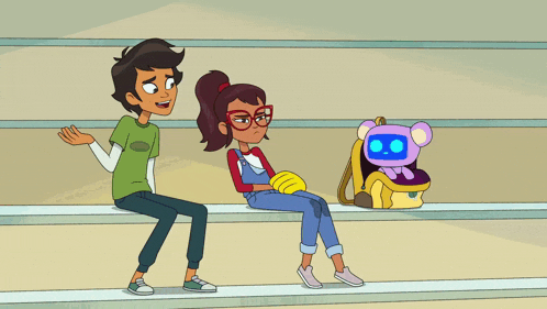 a cartoon of a boy and a girl sitting on a bench with a stuffed animal