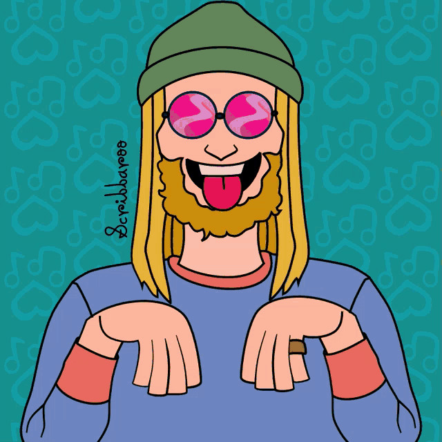 a cartoon of a man with a beard wearing pink glasses and a green hat