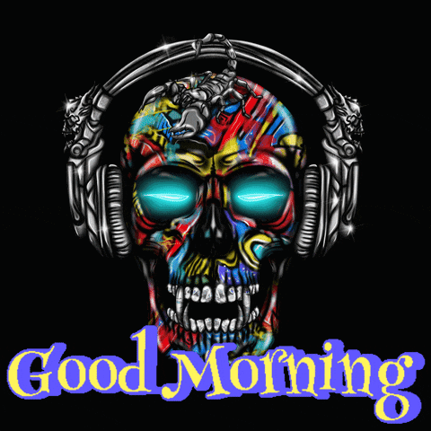 a colorful skull wearing headphones with the words " good morning " below it