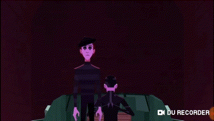 a cartoon character is standing in front of a purple background with a purple splash coming out of it .