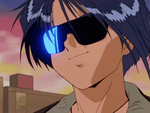 a close up of a person wearing sunglasses with a blue light behind them