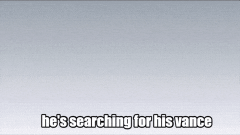 a man in a pink shirt is screaming with the words he 's searching for his vance below him