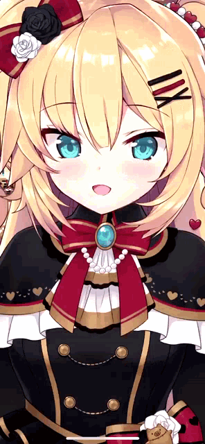a close up of a blonde anime girl with blue eyes and a red bow around her neck