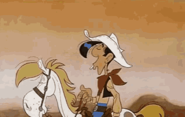 a cartoon cowboy is riding on the back of a horse .
