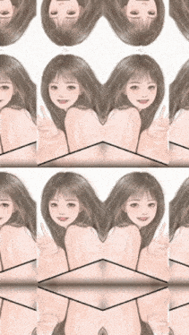 a drawing of a girl giving the peace sign is repeated on a white background