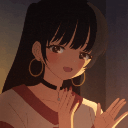 a girl with a choker and hoop earrings is waving