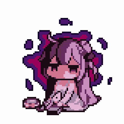 a pixel art drawing of a girl with purple hair and horns sitting down .