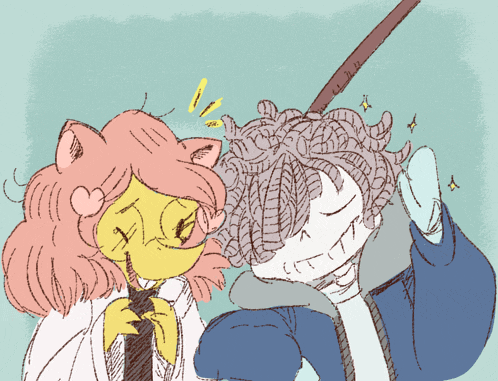 a drawing of a man and a woman with a cat ear