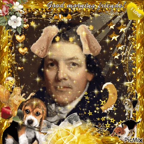 a picture of a man with a dog and the words " good morning friends "