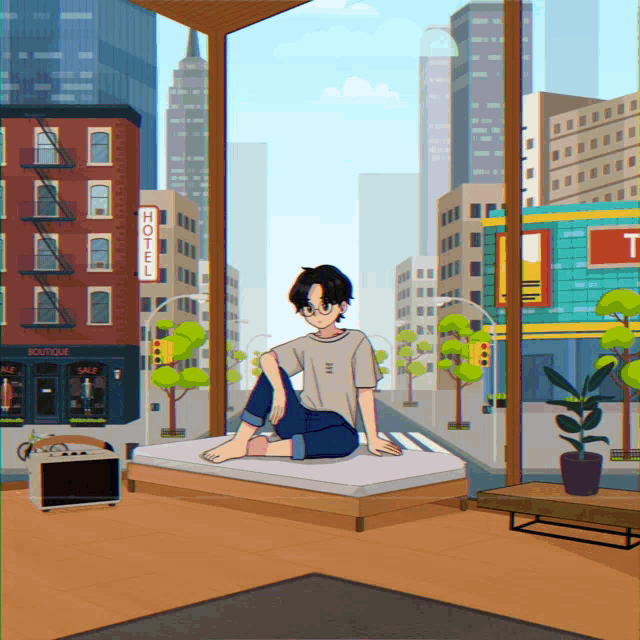 a cartoon of a person sitting on a bed with a hotel sign in the background