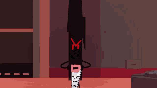 a cartoon drawing of a sword and a saw with the letter m on it