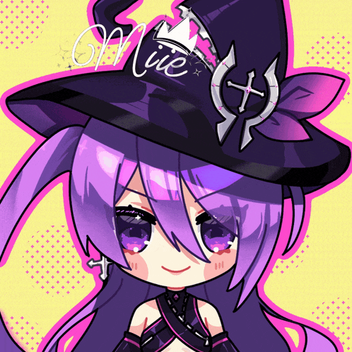a drawing of a girl with purple hair wearing a witch hat with the word mie written on it