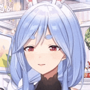 a close up of a girl with long blue hair