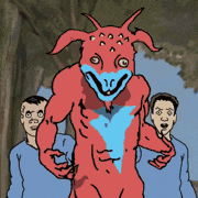 a cartoon drawing of a red monster with horns and a blue chest