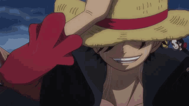 a cartoon character wearing a straw hat with a red ribbon