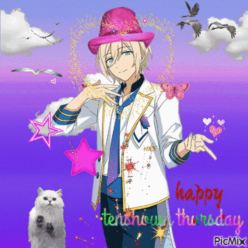 a happy thursday greeting card with a cat and a man in a pink hat