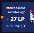 a blue screen with the words ranked solo 6 minutes ago 27 lp win 24:00 on it