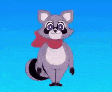a cartoon raccoon is standing on its hind legs on a blue background and holding a red bow tie .