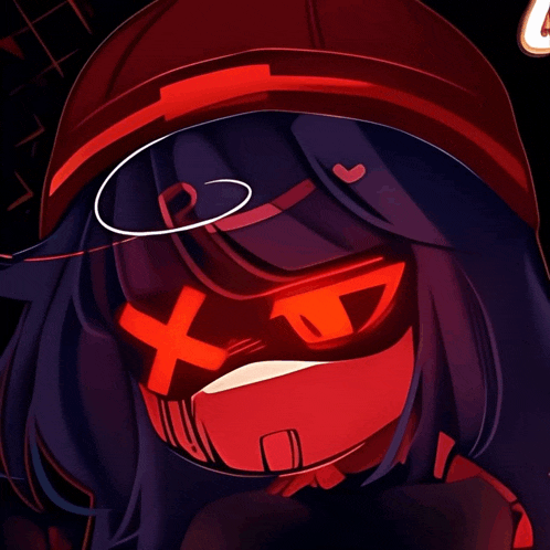 a drawing of a girl with red eyes and a red x on her face