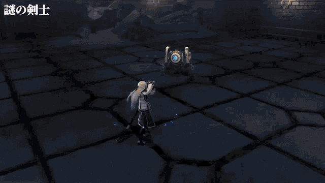 a girl with long white hair is holding a sword in front of a brick wall in a video game