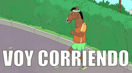 a cartoon horse is running down a street with the words voy corriendo below him