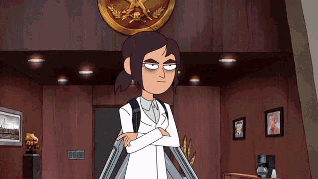a cartoon of a woman in a lab coat standing in a room with a clock on the wall that says 8888