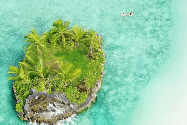 a small island in the middle of the ocean with palm trees