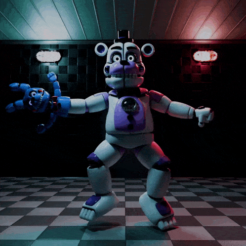 a white and purple robot is standing in a dark room