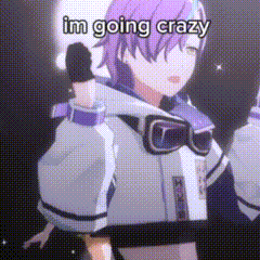 a cartoon character with purple hair is standing in front of a black background with the words `` im going crazy '' written on it .