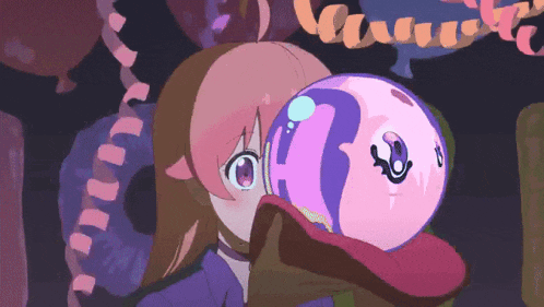 a cartoon of a girl holding a pink and purple ball with a face on it