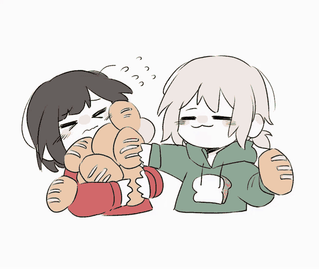 a girl in a green hoodie is holding a bunch of bread in her hands