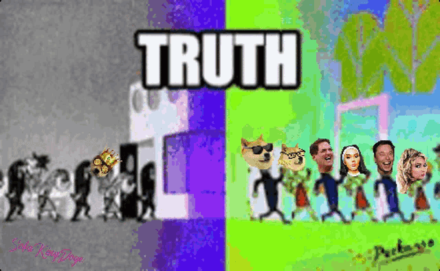 the word truth is on a blue and green background with people