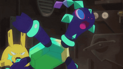 a cartoon character with a purple and green colored body