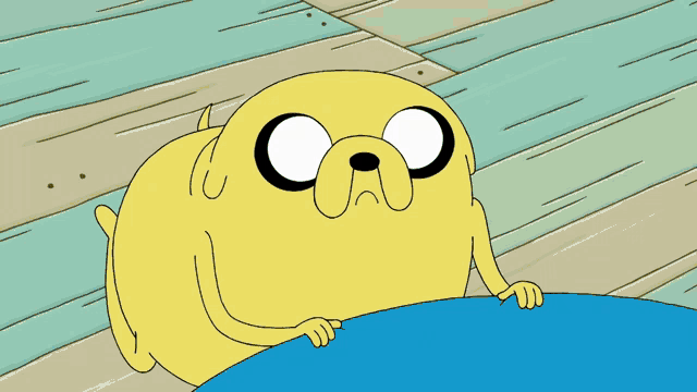 a cartoon character named jake the dog is laying on a blue surface
