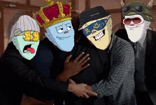 a group of cartoon characters with one wearing a hat that says supreme