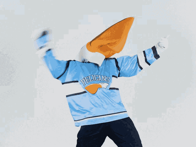 a pelican mascot giving a thumbs up in a pelican 's jersey