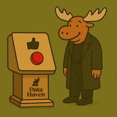 a moose is pressing a red button on a data haven kiosk