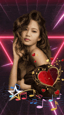 a woman is surrounded by hearts and music notes with a star in the foreground