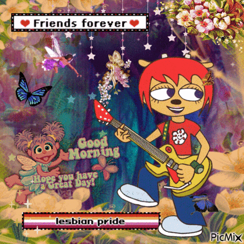 a cartoon of a girl holding a guitar with the words " friends forever " written above her