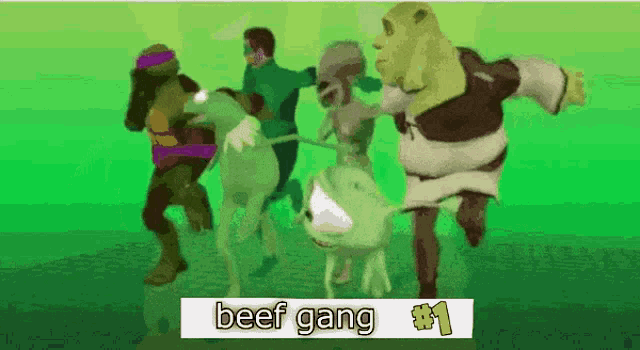 shrek and teenage mutant ninja turtles and mike wazowski are part of the beef gang # 1