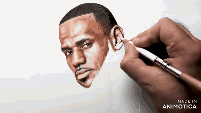 a person is drawing a man 's face with a pencil and the words made in animotica on the bottom