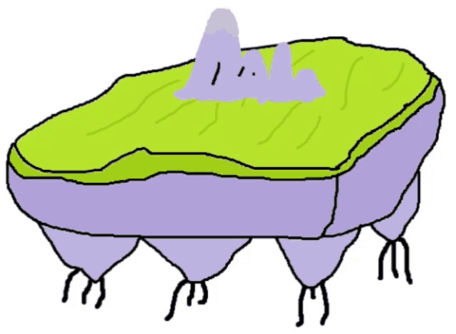 a cartoon drawing of a floating island with a volcano on top of it .