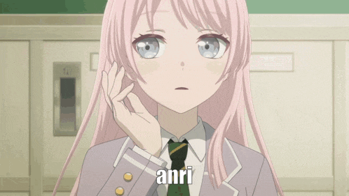 a girl with pink hair is wearing a suit and tie and the word anri is on the bottom