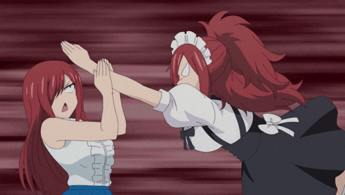 a maid and a woman with red hair are fighting