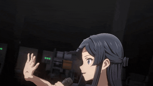 two anime girls are singing into microphones with their hands outstretched