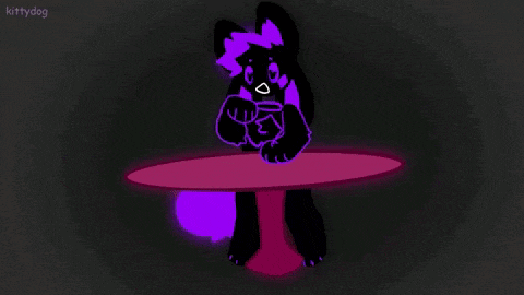 a black and purple cartoon cat with purple eyes and a purple tail .