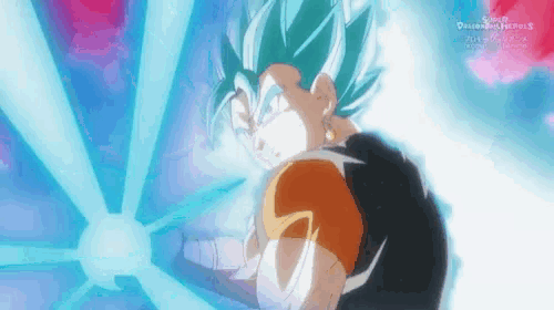 a cartoon of a man with blue hair and the words super dragon ball heroes
