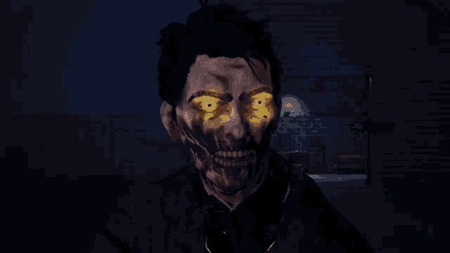 a man with glowing yellow eyes and a skull on his face